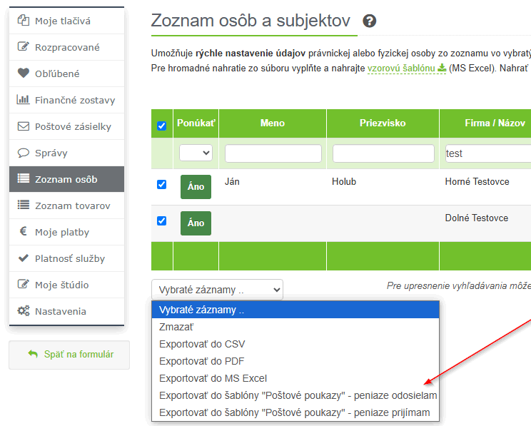 Zoznam osôb - stiahnutie šablóny pre hromadnú tlač poštových poukážok